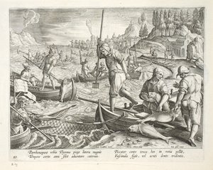 Jan Collaert（1566-1628）によって彫刻された、ナポリ湾の網とトライデントを使った釣り、プレート89、「Venationes、Ferarum、Avium、Piscium」（狩猟：野生の獣、鳥、魚）のイラスト、パブ 作： Jan van der Straet